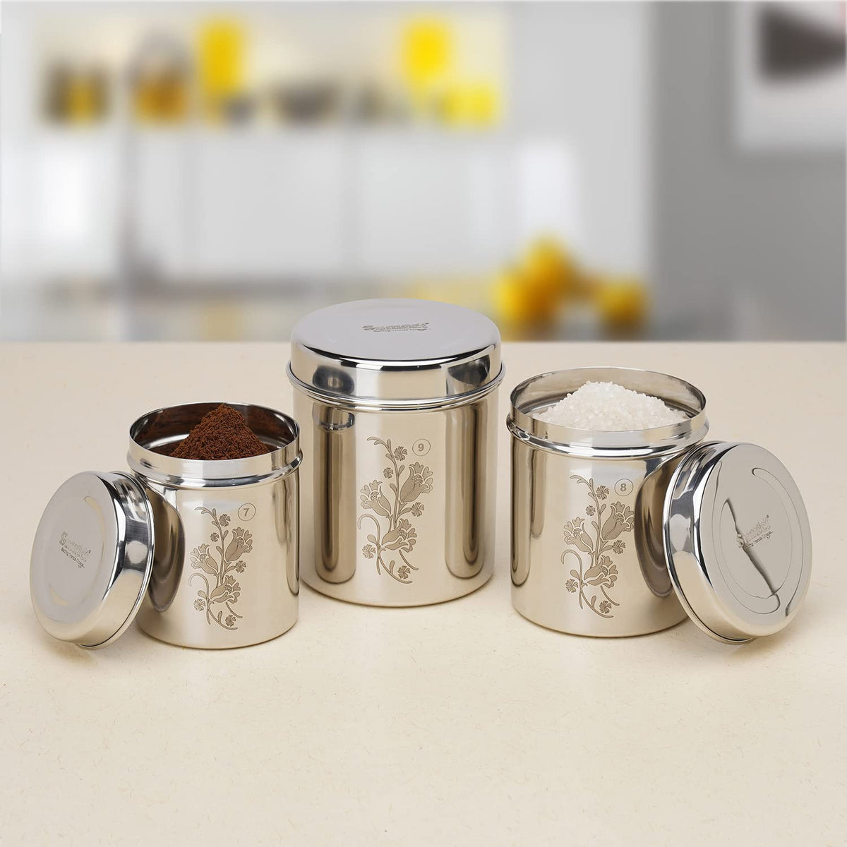 Sumeet Designer Stainless Steel Vertical Canisters/Ubha Dabba/Storage Containers Set of 3Pc (400ml,500ml,750ml), Silver
