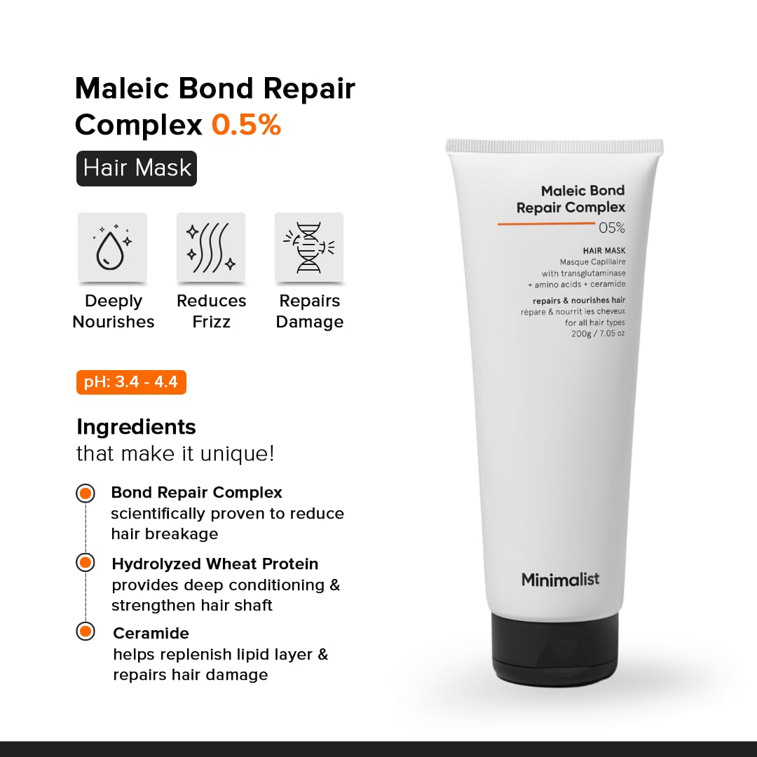 Minimalist Hair Mask For Frizzy Hair, Repairing Dry, Damaged & Dull Hair | Maleic Bond Repair Complex 05% with Transglutaminase, Amino Acids & Ceramides | For Damaged & Treated Hair | Controls Frizzy Hair | For Women & Men | 100 gm