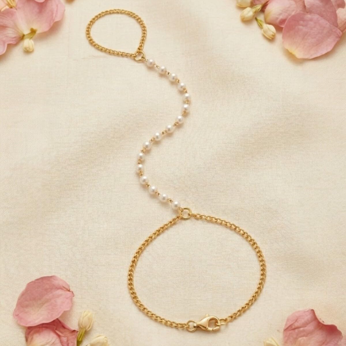 Accessher Gold Platted Hand Harness Bracelet for Women | Delicate Chain with Faux Pearls | Finger Ring to Wrist Chain | Indian Bridal Jewelry, Mehndi, Boho, Fes