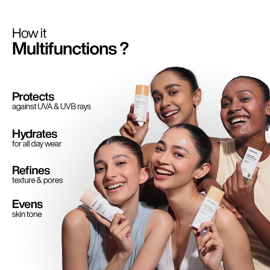 WishCare Daily Fluid Tinted Sunscreen SPF50 PA++++| L102 | Broad Spectrum Protection for all skin types | In-Vivo Tested Tinted Sun Screen | D-Panthenol, Niacinamide, Ectoin & Ginseng | Evens & Protects | 50ml