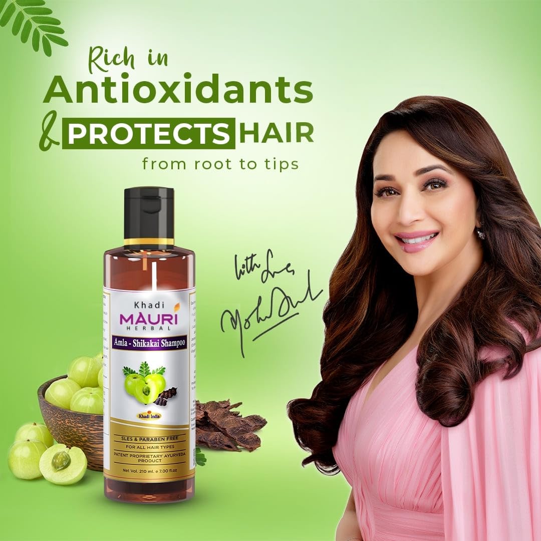 Khadi Mauri Herbal Amla Shikakai Shampoo - Strengthens Roots & Hair Follicles, Repairs Damage & Fights Hairfall - Enriched with Natural Ingredients - 210 ML