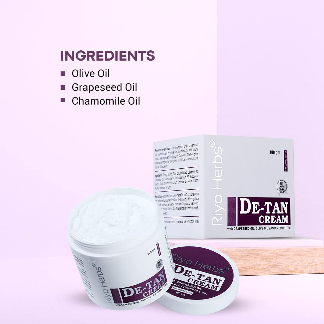 Riyo Herbs De-Tan Cream | Enriched with Natural Ingredients Grapeseed Oil &amp; Olive Oi | for Face, Neck, Hands &amp; Foot | Without Bleach Formulation | For T