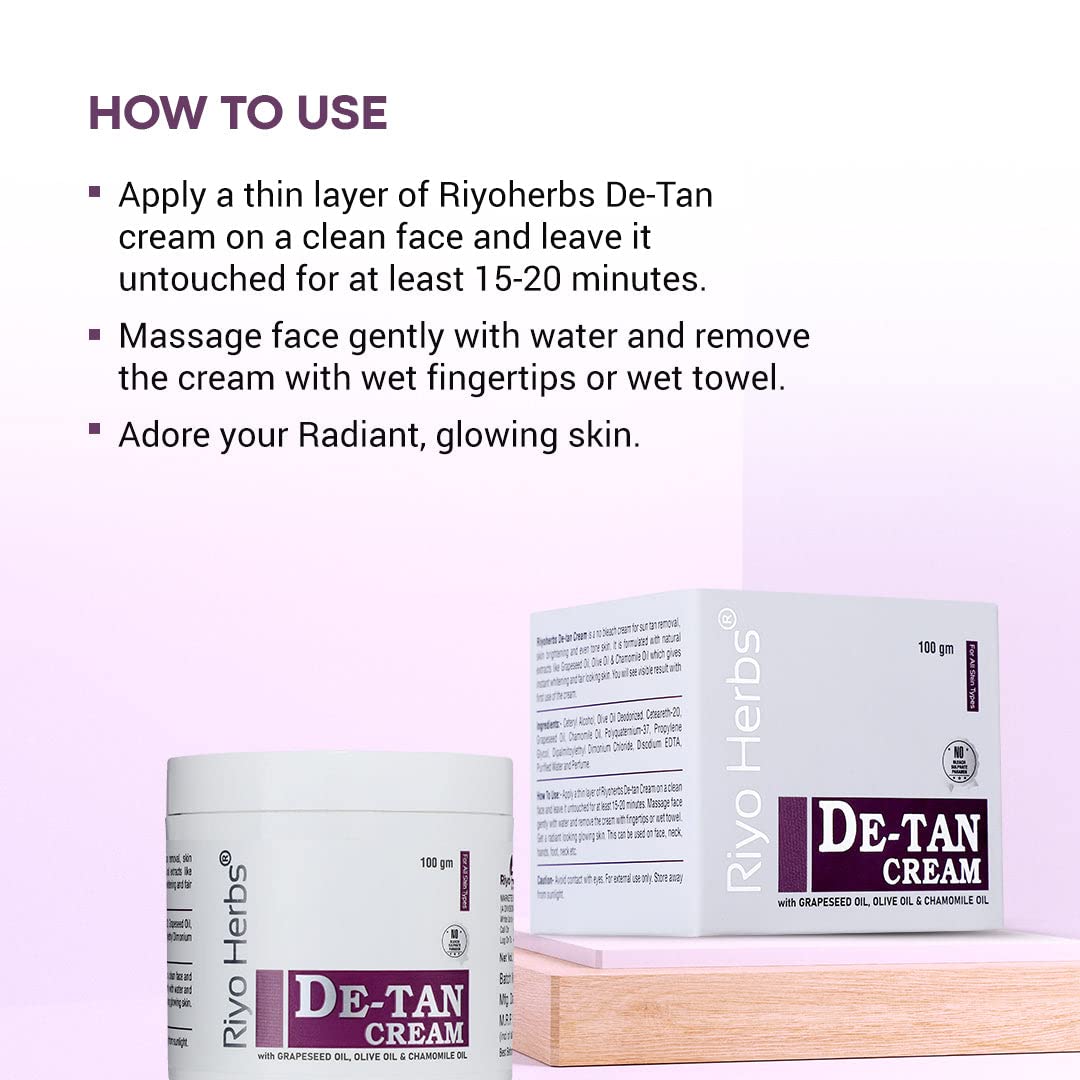 Riyo Herbs De-Tan Cream | Enriched with Natural Ingredients Grapeseed Oil &amp; Olive Oi | for Face, Neck, Hands &amp; Foot | Without Bleach Formulation | For T