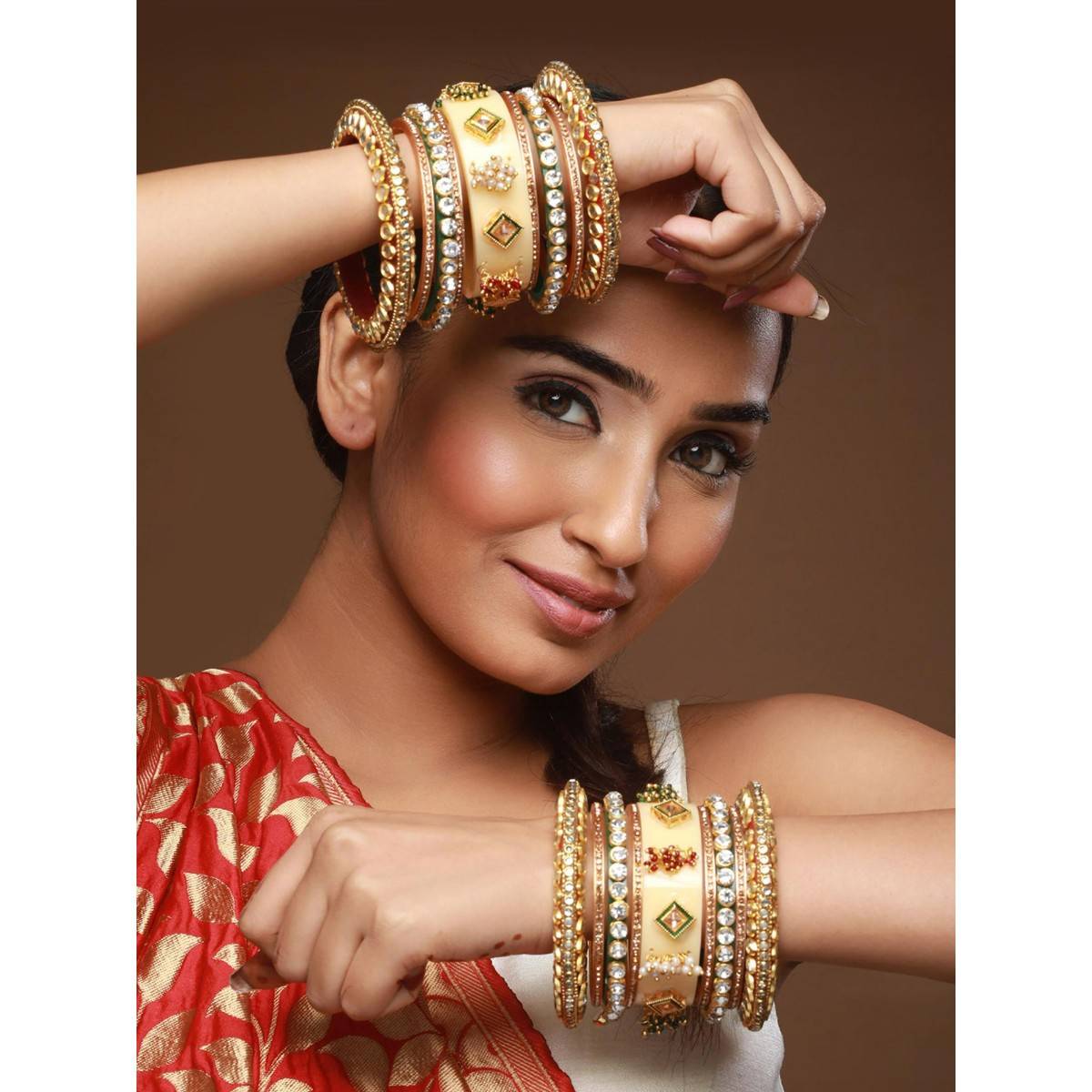 Aatmana Gold Plated White Stone Studded & Beaded Cream Chuda Bangles (Set of 18) (2.6)