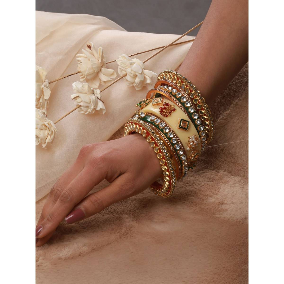 Aatmana Gold Plated White Stone Studded & Beaded Cream Chuda Bangles (Set of 18) (2.6)
