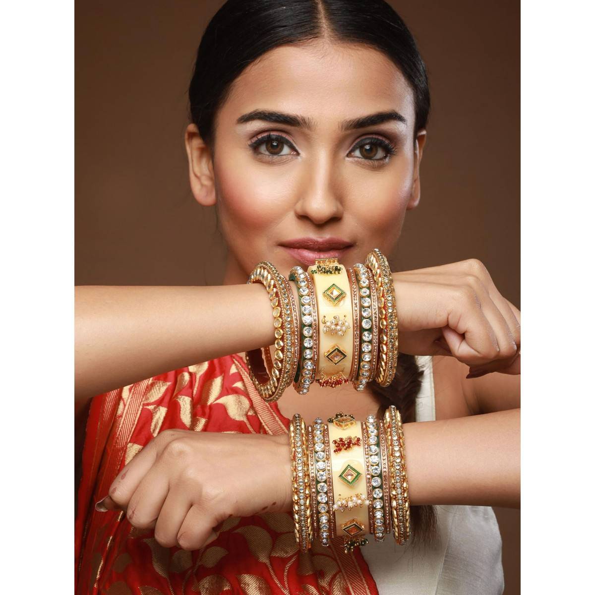 Aatmana Gold Plated White Stone Studded & Beaded Cream Chuda Bangles (Set of 18) (2.6)