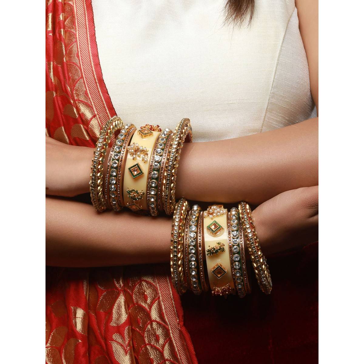 Aatmana Gold Plated White Stone Studded & Beaded Cream Chuda Bangles (Set of 18) (2.6)