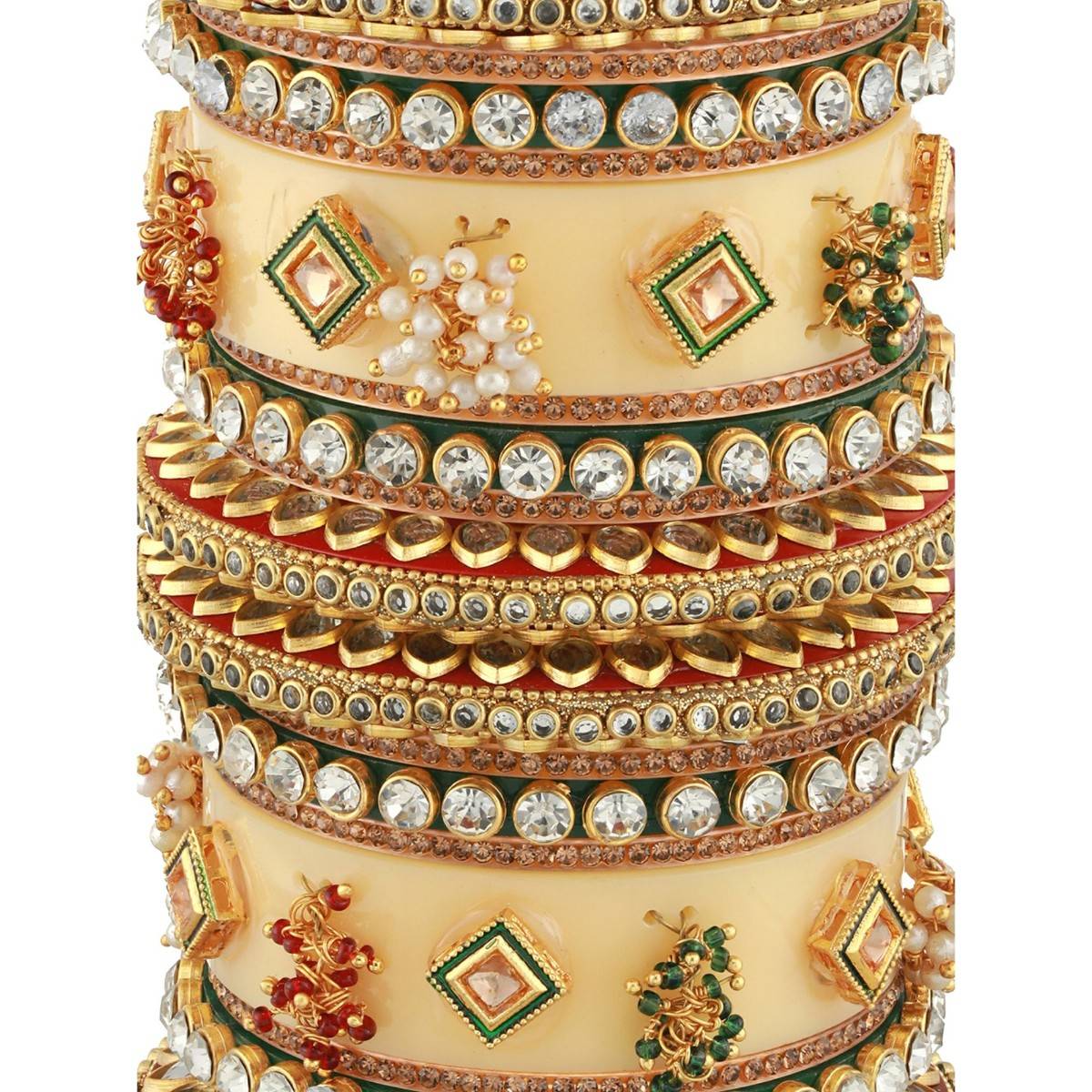 Aatmana Gold Plated White Stone Studded & Beaded Cream Chuda Bangles (Set of 18) (2.6)