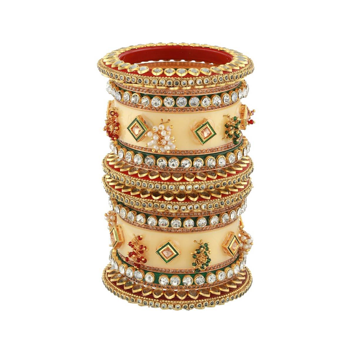 Aatmana Gold Plated White Stone Studded & Beaded Cream Chuda Bangles (Set of 18) (2.6)