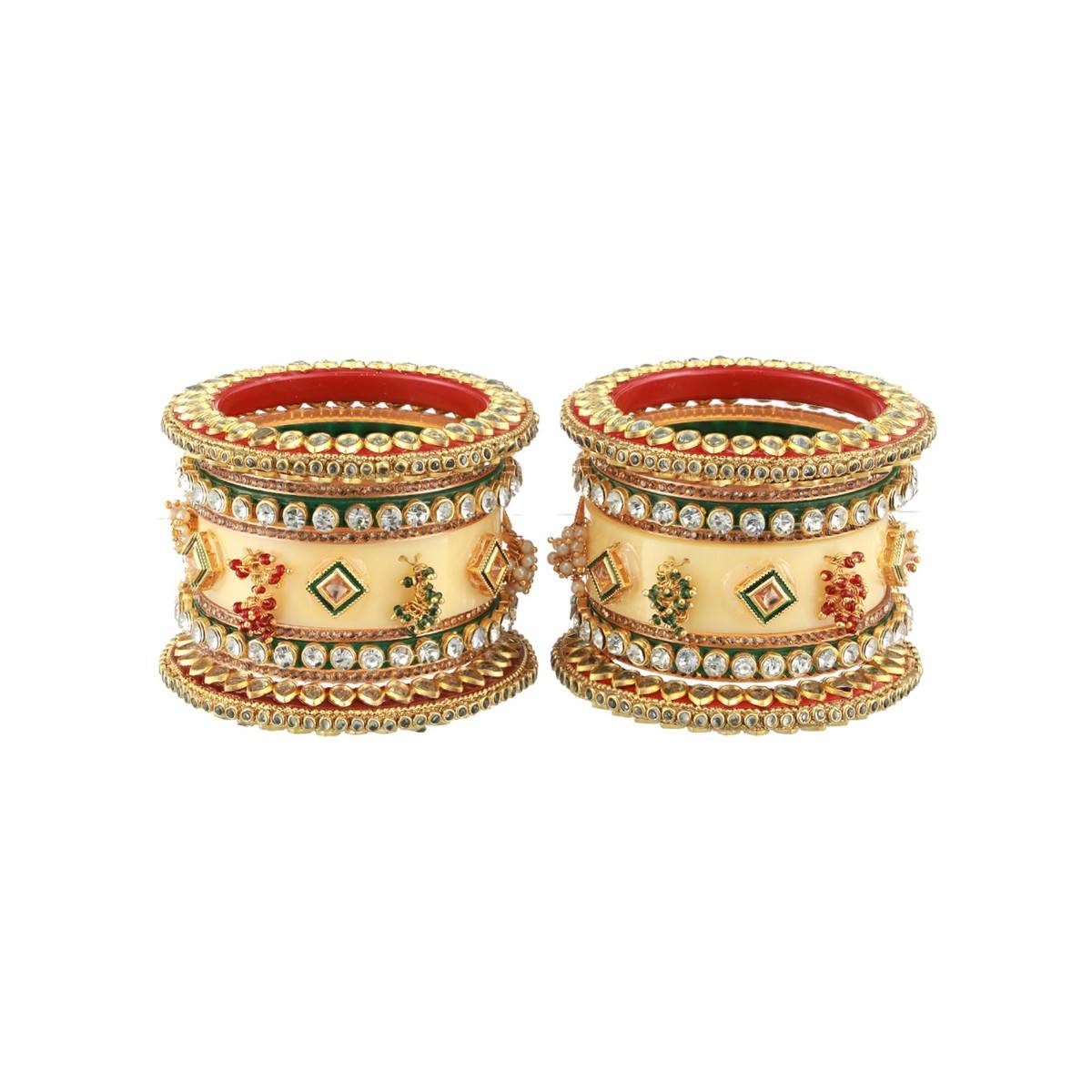 Aatmana Gold Plated White Stone Studded & Beaded Cream Chuda Bangles (Set of 18) (2.6)