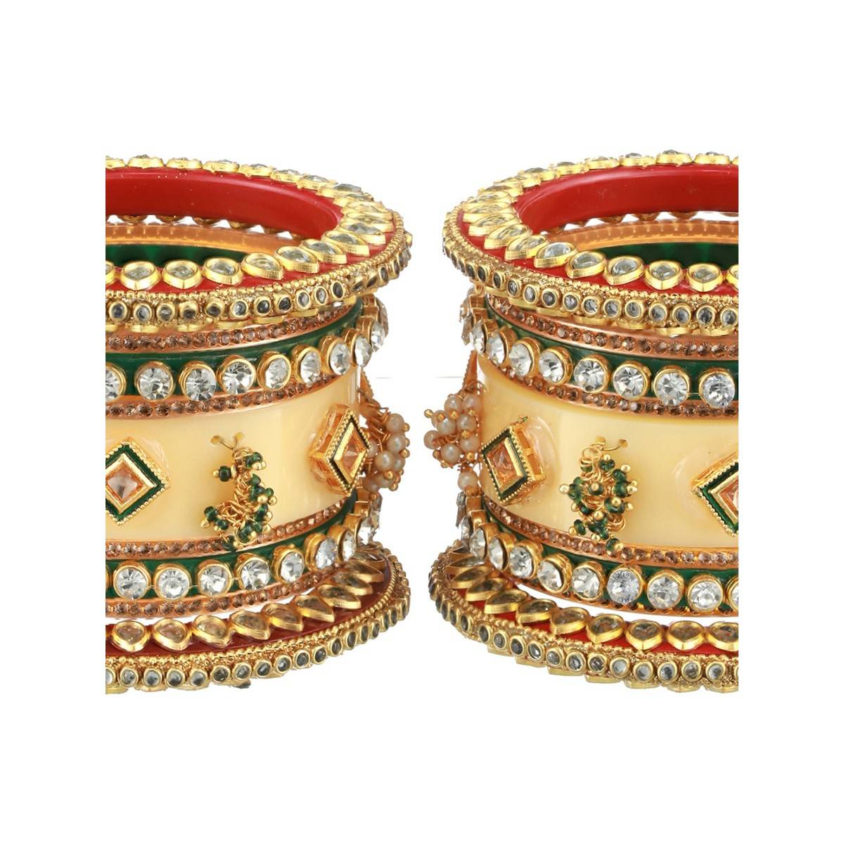 Aatmana Gold Plated White Stone Studded & Beaded Cream Chuda Bangles (Set of 18) (2.6)