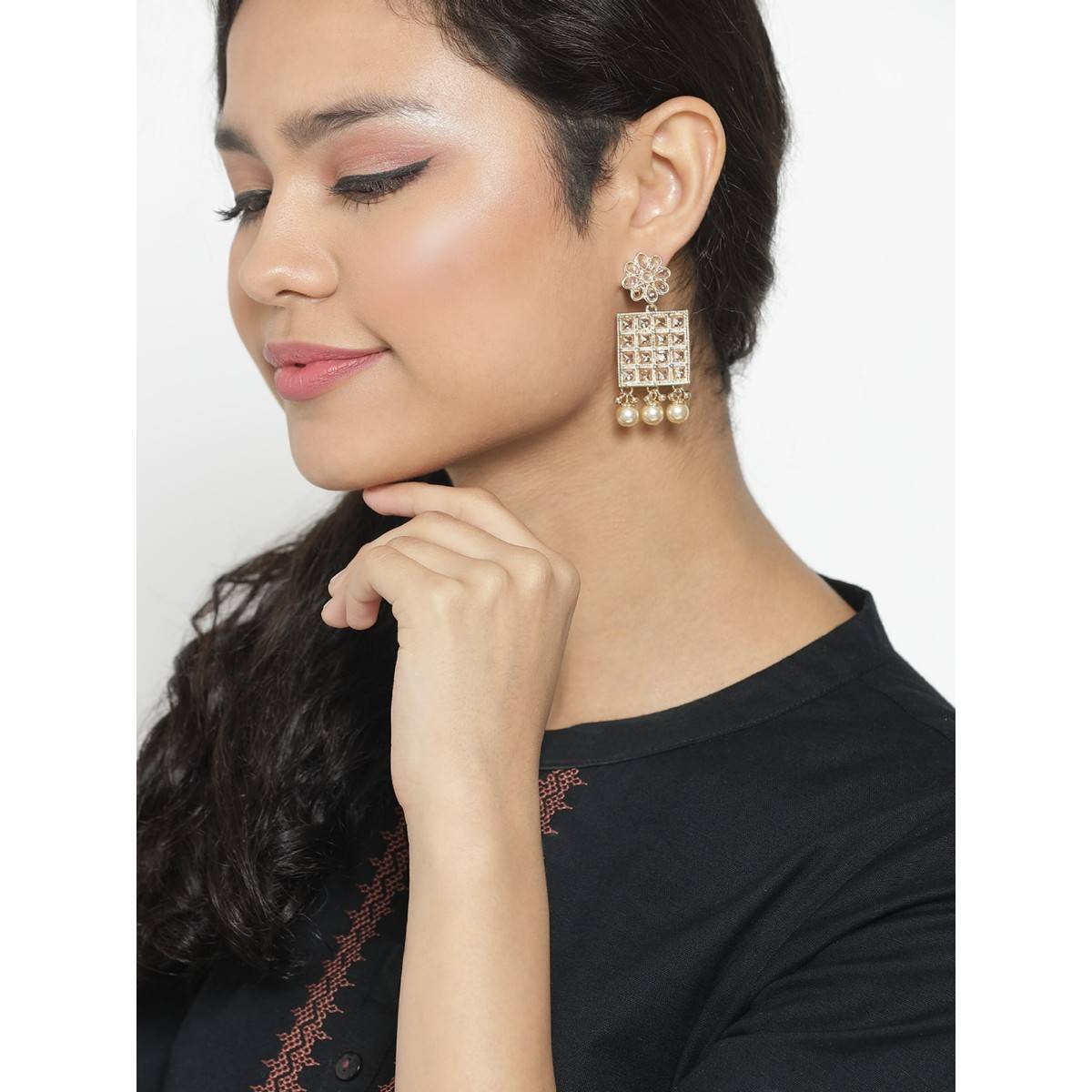 Aatmana Gold Plated Kundan Studded Floral Pattern & Square Drop Earrings · One Size