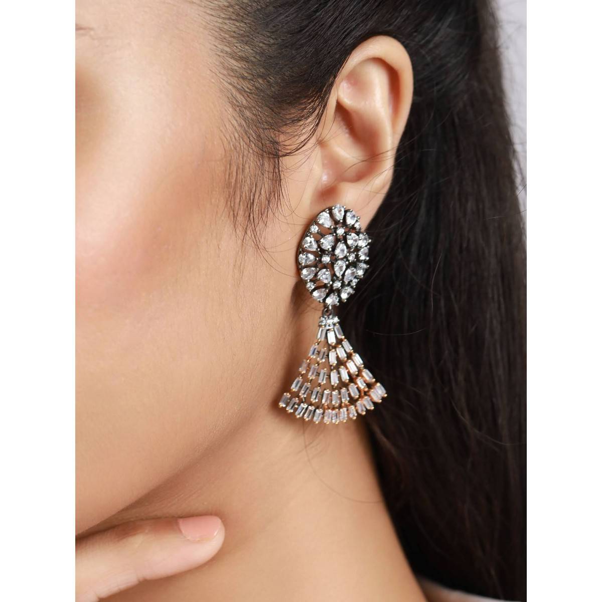 Aatmana Rhodium Plated White & Gold Toned Contemporary Drop Earrings · One Size