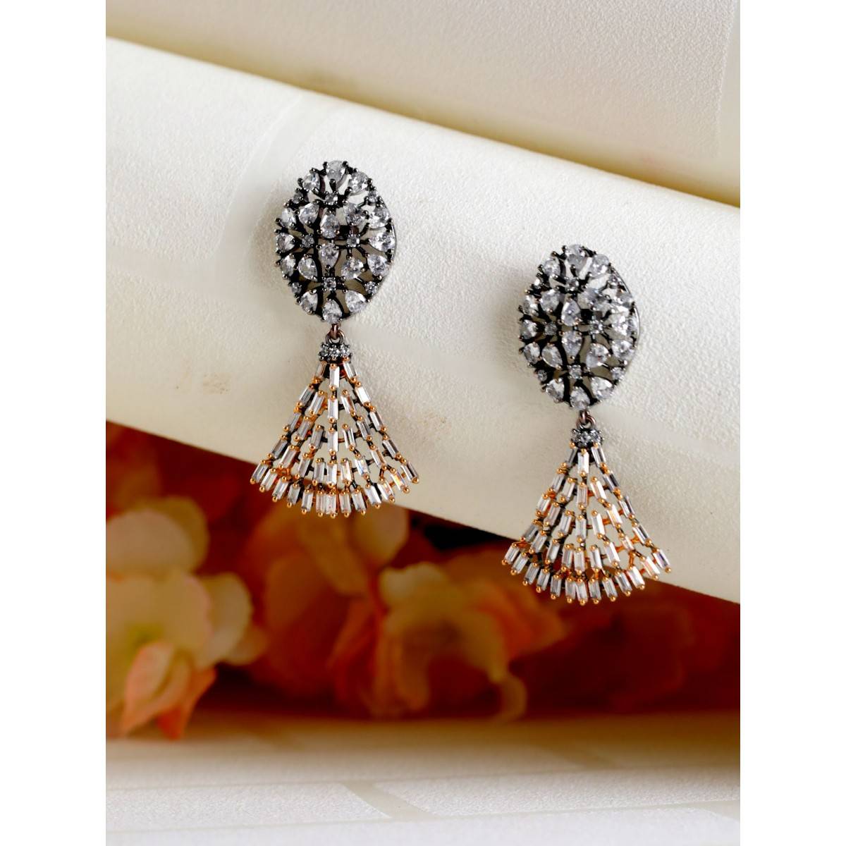 Aatmana Rhodium Plated White & Gold Toned Contemporary Drop Earrings