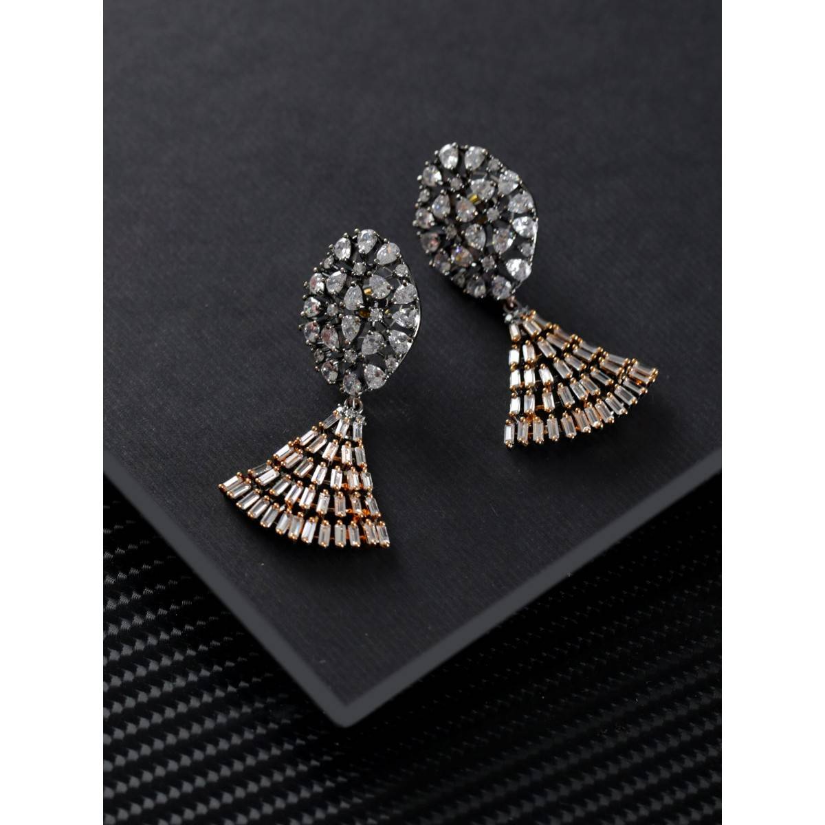 Aatmana Rhodium Plated White & Gold Toned Contemporary Drop Earrings