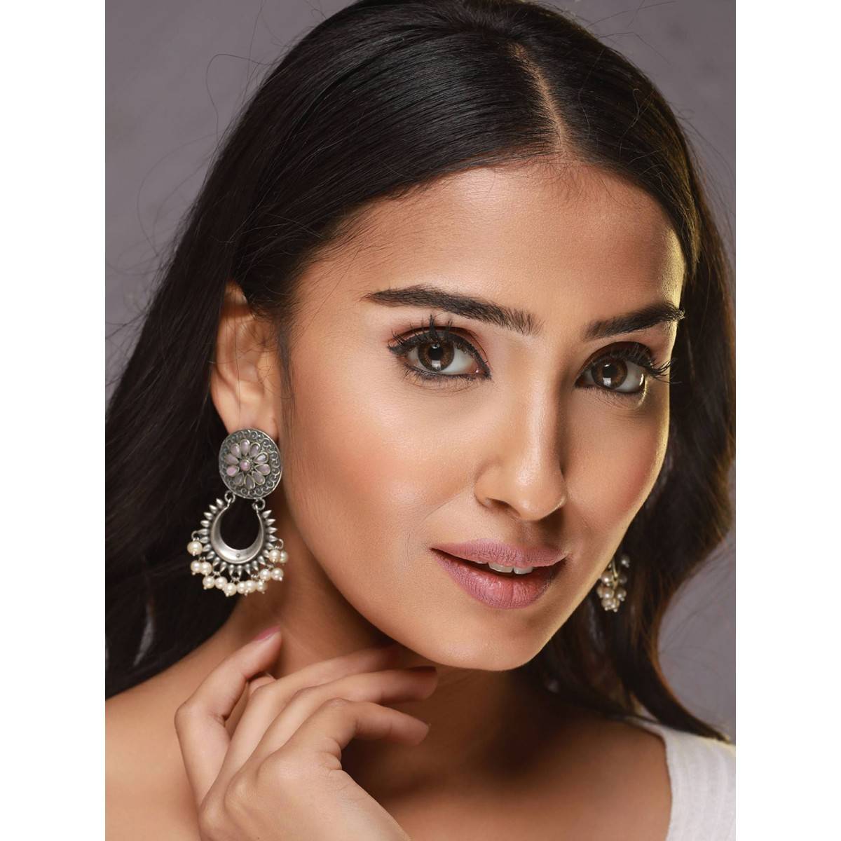 Aatmana Pink & Silver Plated Oxidised Pearls Contemporary Drop Earrings · One Size