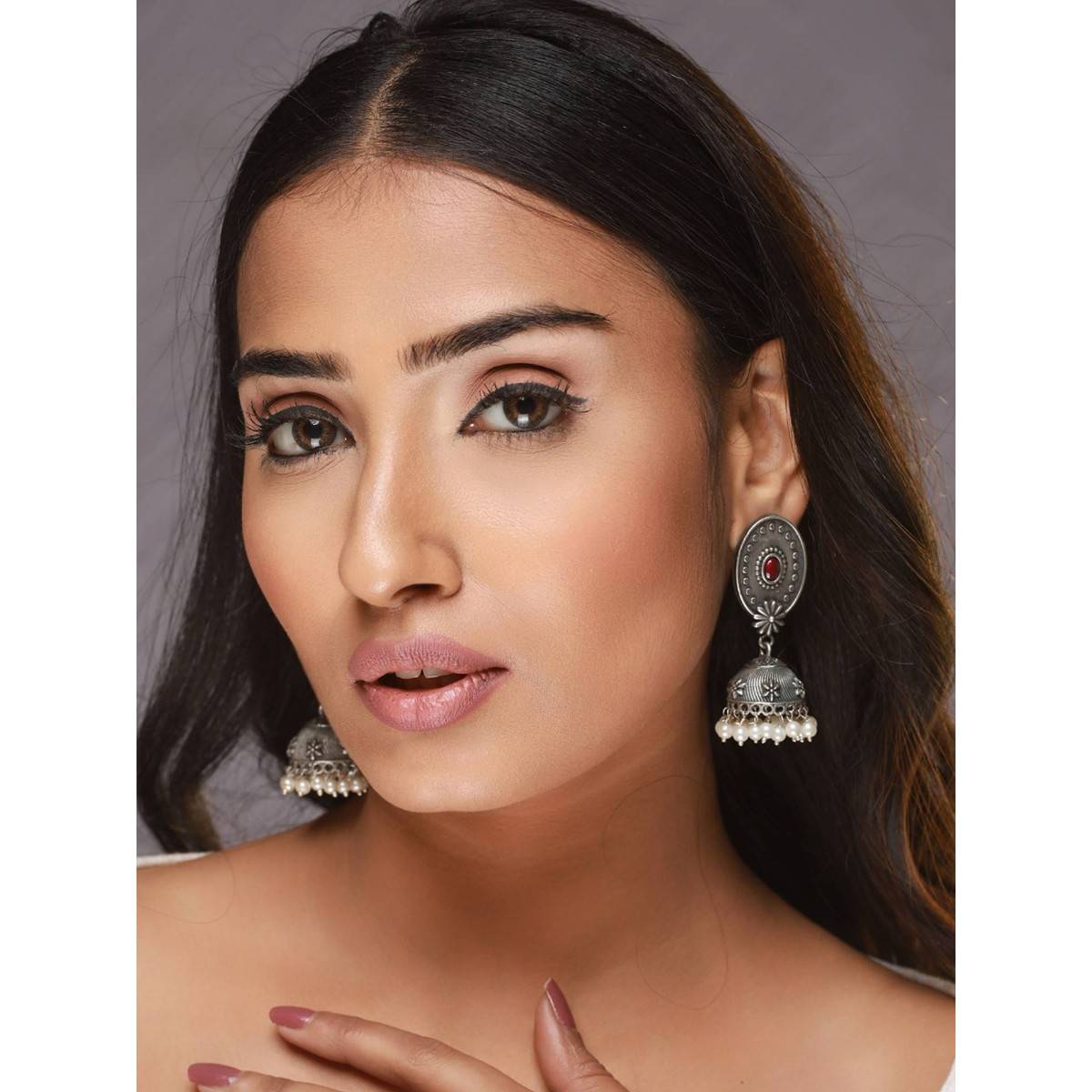 Aatmana Silver Toned Red Stone & Pearl Studded Oxidised Dome Shaped Jhumkas · One Size
