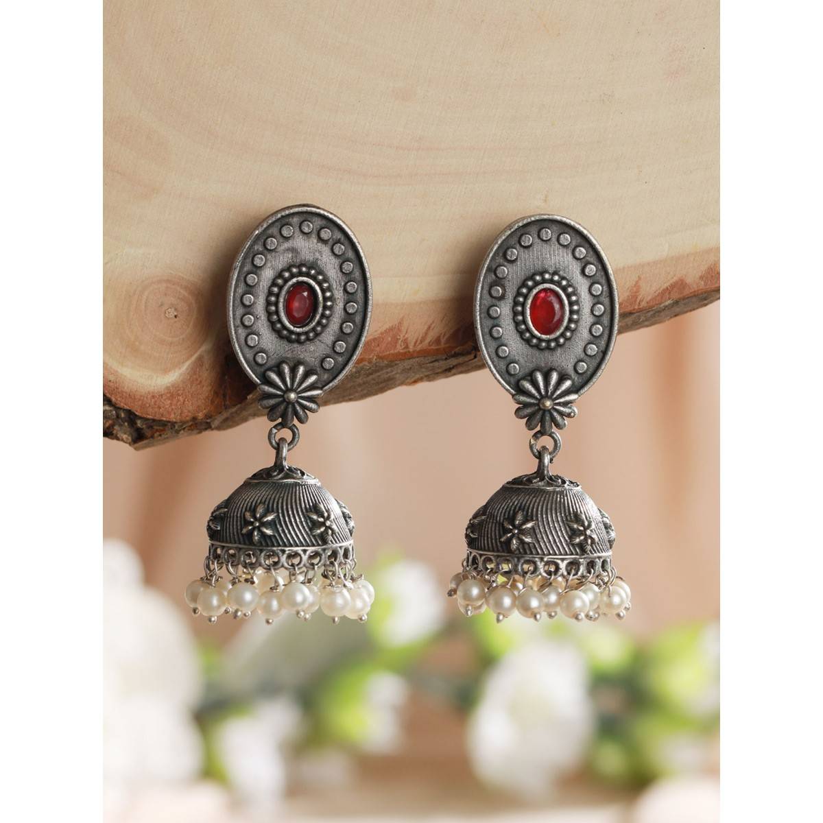 Aatmana Silver Toned Red Stone & Pearl Studded Oxidised Dome Shaped Jhumkas
