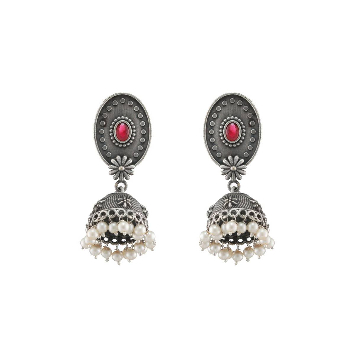 Aatmana Silver Toned Red Stone & Pearl Studded Oxidised Dome Shaped Jhumkas