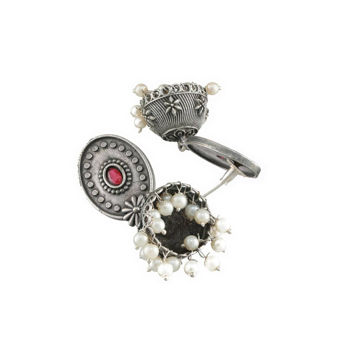 Aatmana Silver Toned Red Stone & Pearl Studded Oxidised Dome Shaped Jhumkas