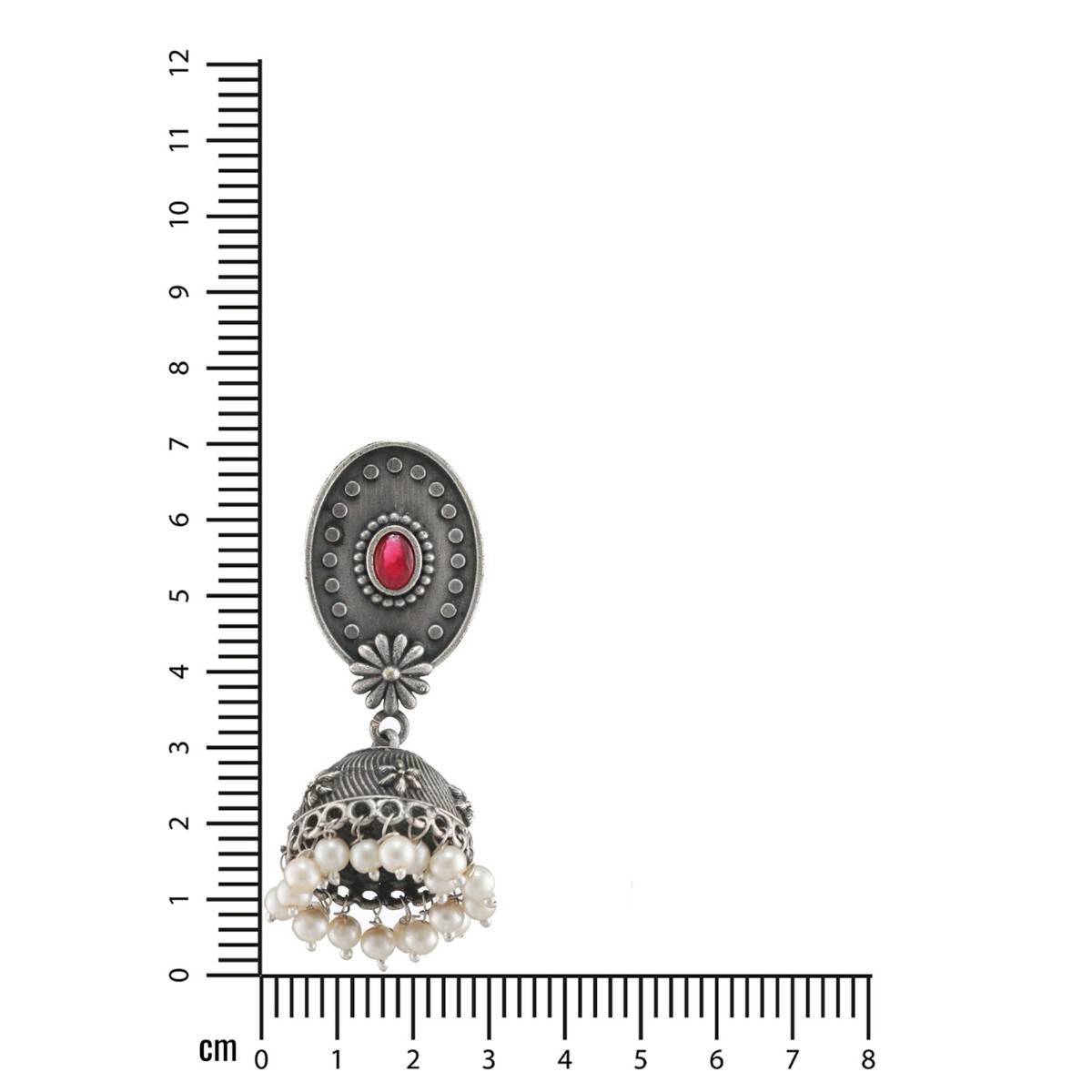 Aatmana Silver Toned Red Stone & Pearl Studded Oxidised Dome Shaped Jhumkas