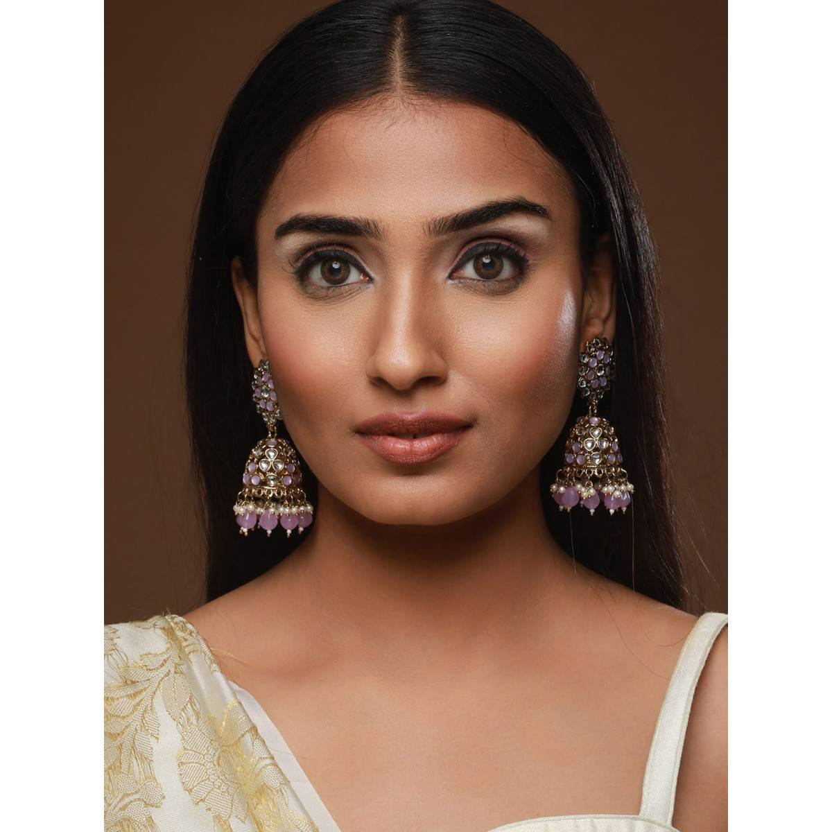 Aatmana Gold Plated Purple Beaded & White Kundan Studded Jhumka Earrings · One Size