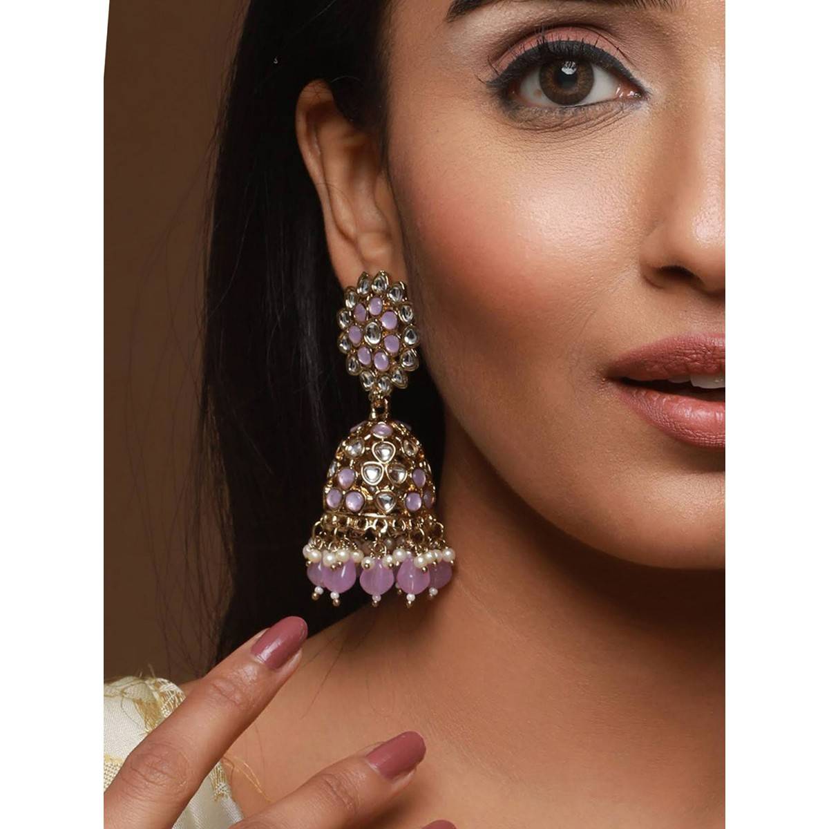 Aatmana Gold Plated Purple Beaded & White Kundan Studded Jhumka Earrings