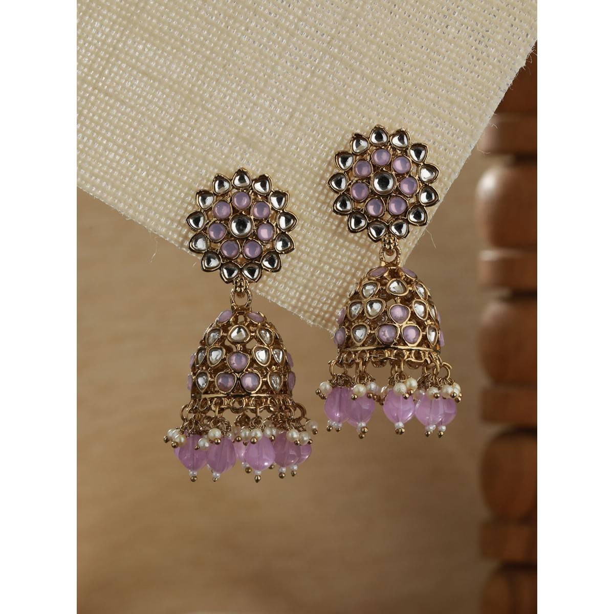 Aatmana Gold Plated Purple Beaded & White Kundan Studded Jhumka Earrings