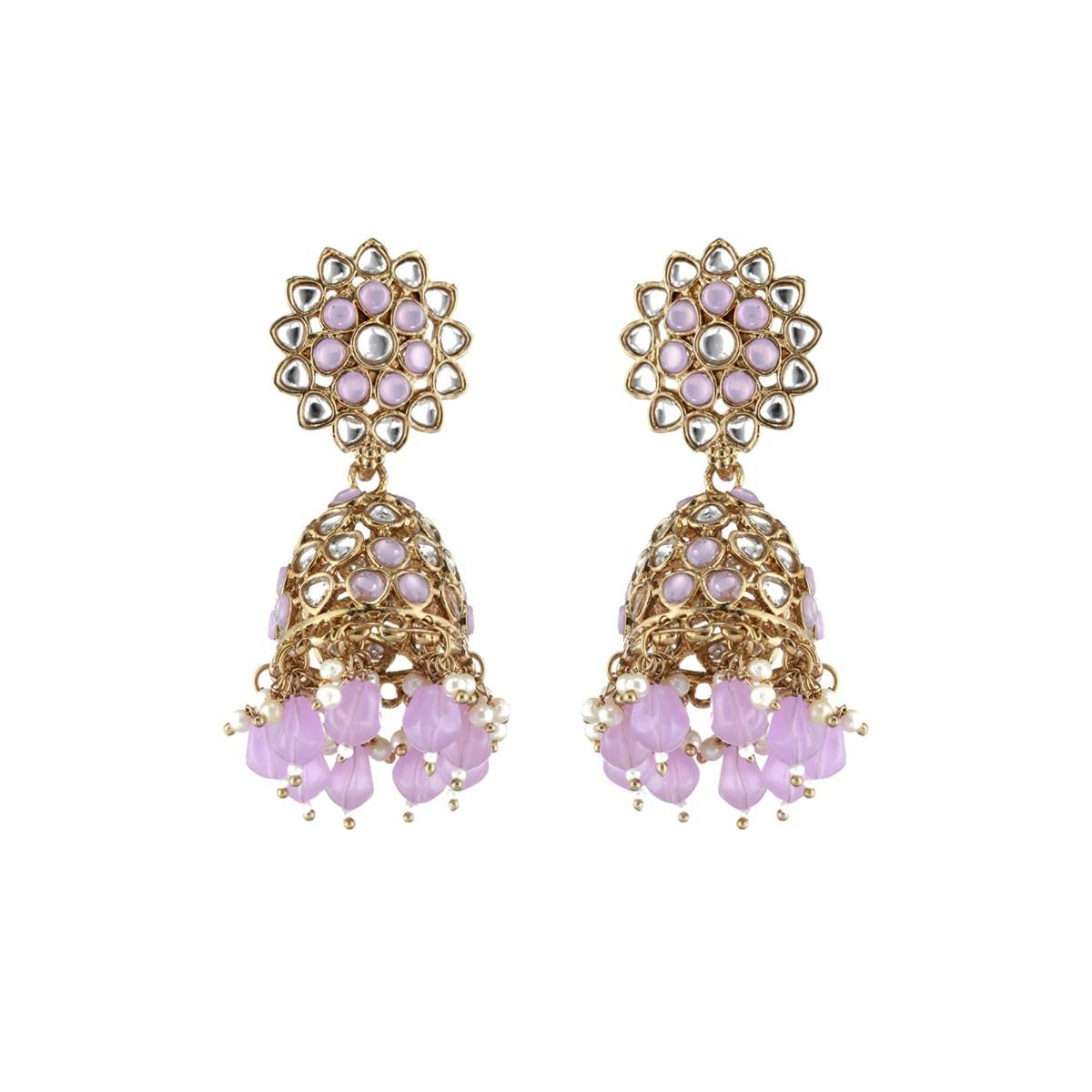 Aatmana Gold Plated Purple Beaded & White Kundan Studded Jhumka Earrings