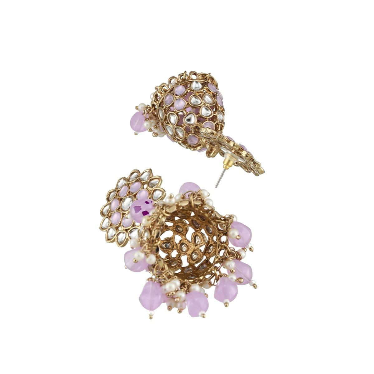 Aatmana Gold Plated Purple Beaded & White Kundan Studded Jhumka Earrings