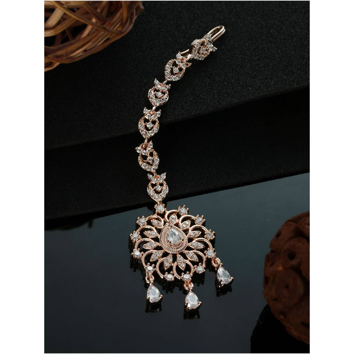 Aatmana Rose Gold Plated White CZ & AD Studded Handcrafted Maang Tikka · One Size