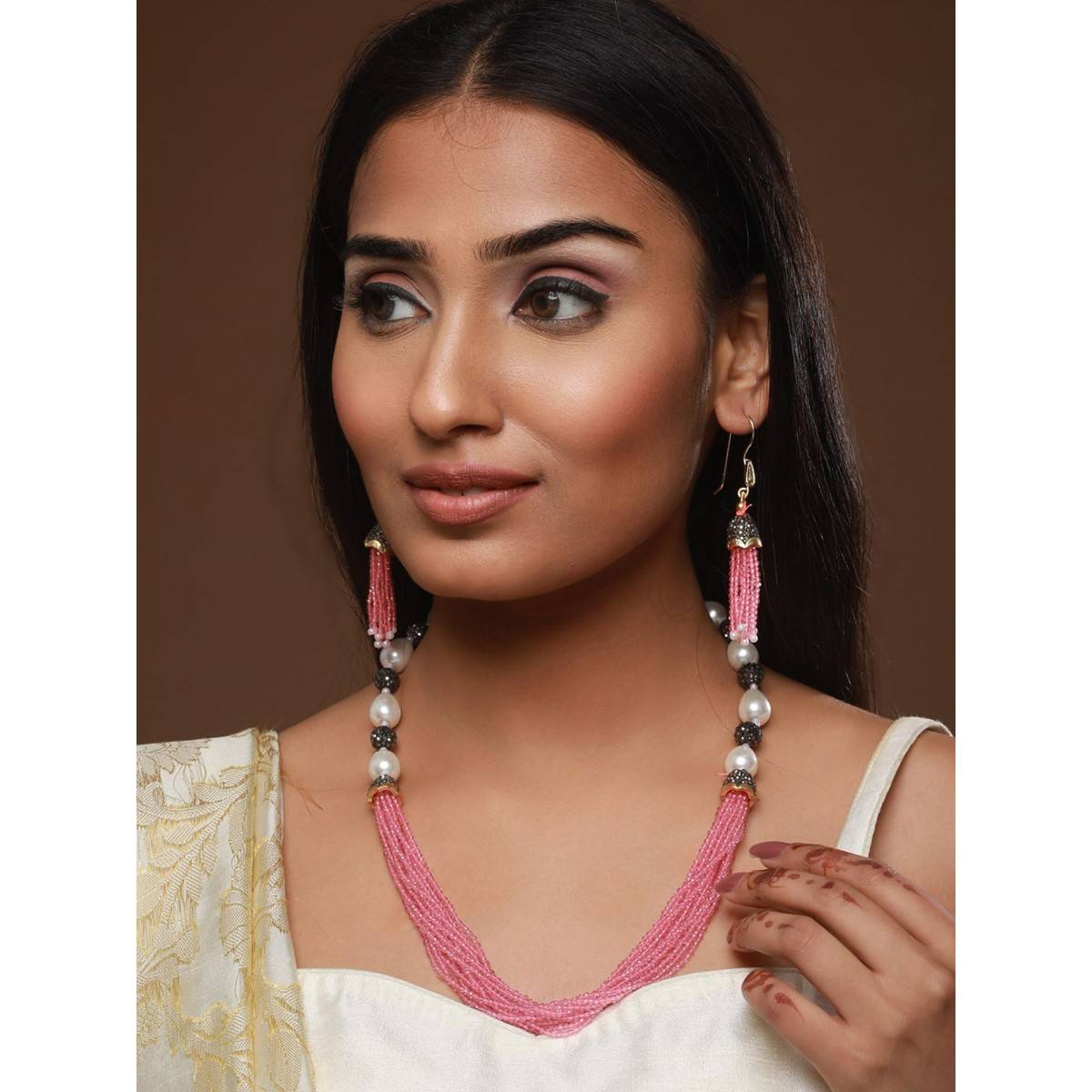 Aatmana Baby Pink Beaded with Grey Crystals & White Pearls Studded Necklace Earrings