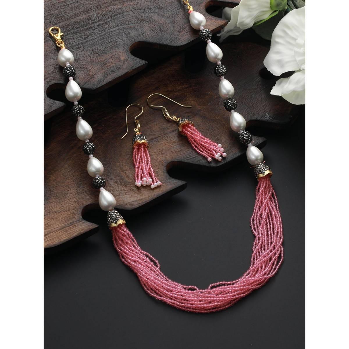 Aatmana Baby Pink Beaded with Grey Crystals & White Pearls Studded Necklace Earrings