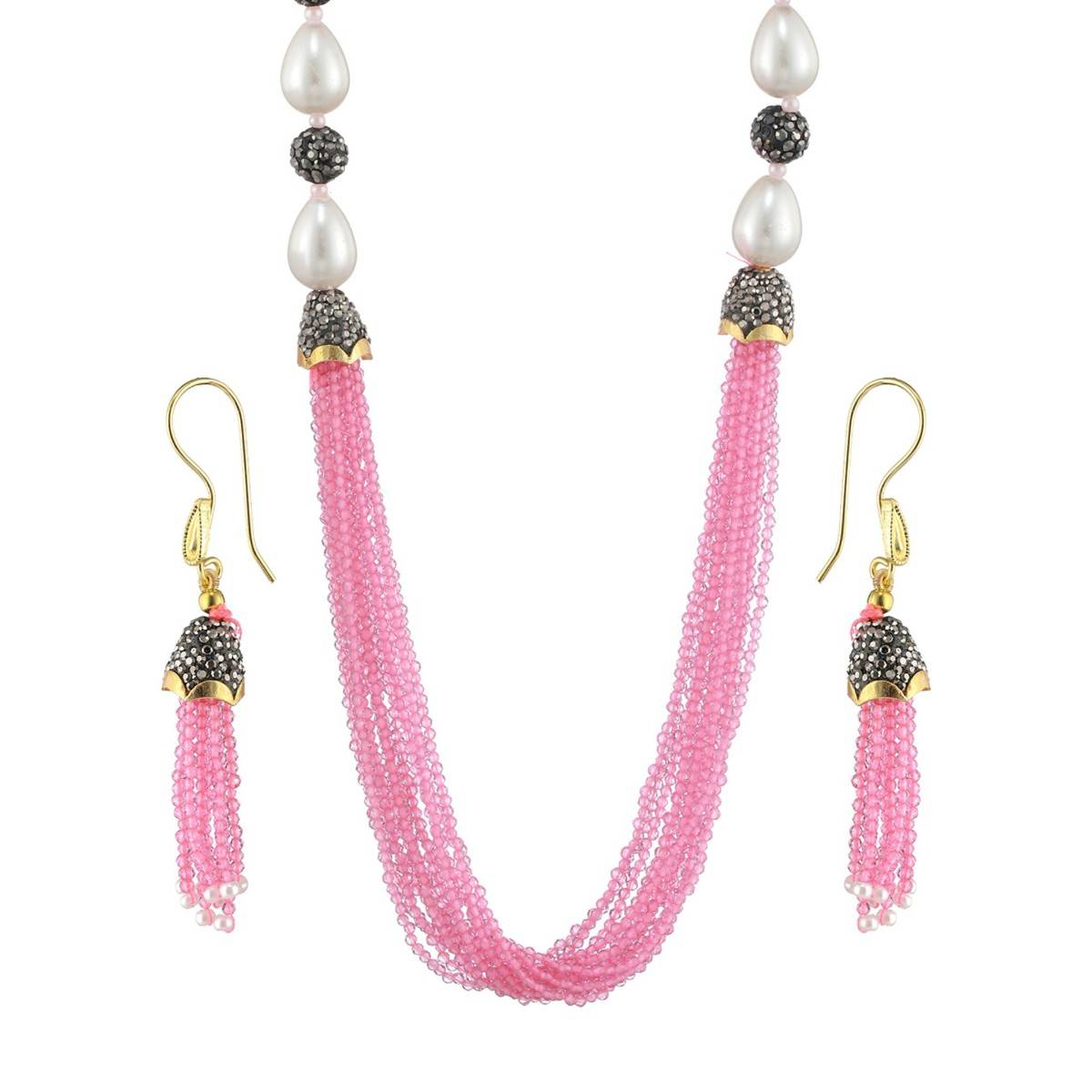 Aatmana Baby Pink Beaded with Grey Crystals & White Pearls Studded Necklace Earrings