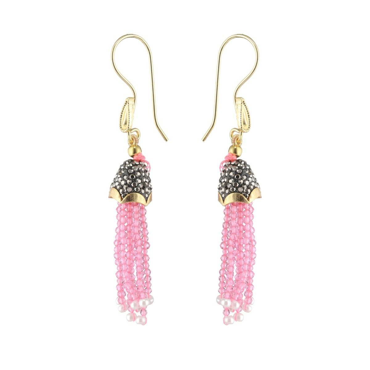 Aatmana Baby Pink Beaded with Grey Crystals & White Pearls Studded Necklace Earrings