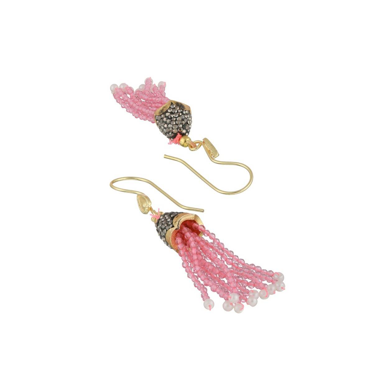 Aatmana Baby Pink Beaded with Grey Crystals & White Pearls Studded Necklace Earrings