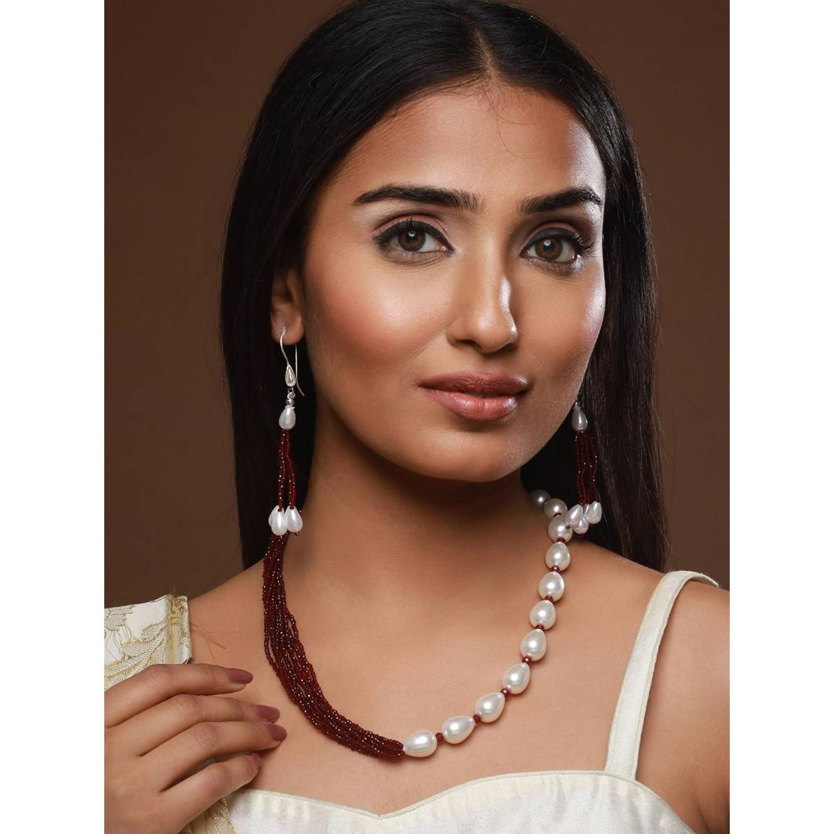 Aatmana Gold Tone Beaded & White Pearls Studded Maroon Necklace with Earrings
