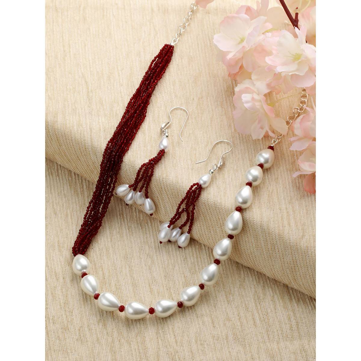 Aatmana Gold Tone Beaded & White Pearls Studded Maroon Necklace with Earrings
