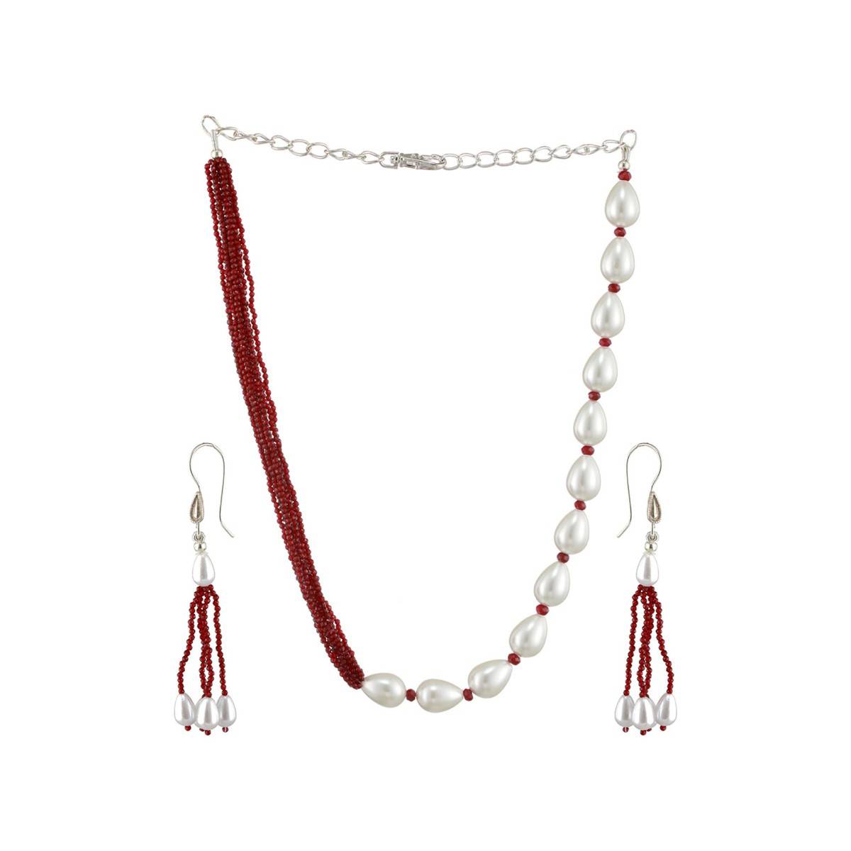 Aatmana Gold Tone Beaded & White Pearls Studded Maroon Necklace with Earrings