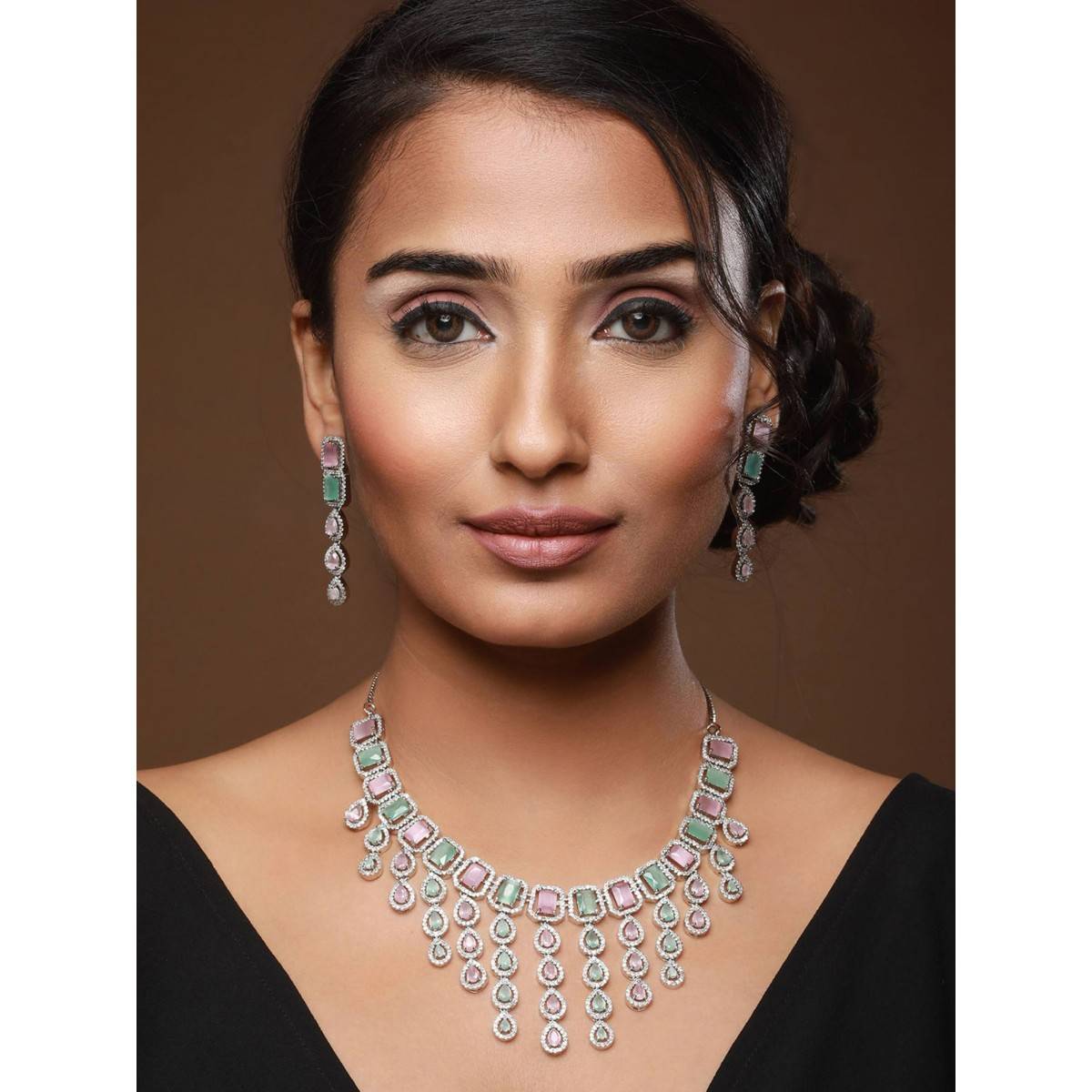 Aatmana Women Silver Plated Pink & Mint AD Studded Handcrafted Jewellery Set
