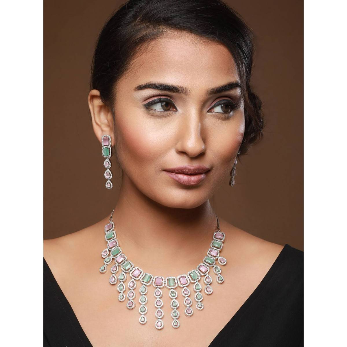 Aatmana Women Silver Plated Pink & Mint AD Studded Handcrafted Jewellery Set