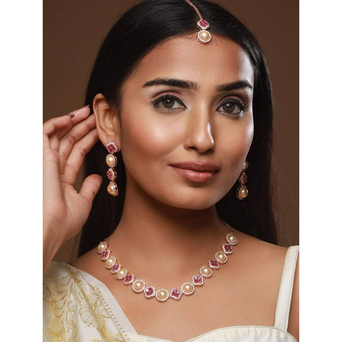 Aatmana Rose Gold Plated Handcrafted Pink American Diamond & Pearl Studded Set Maang Tikka