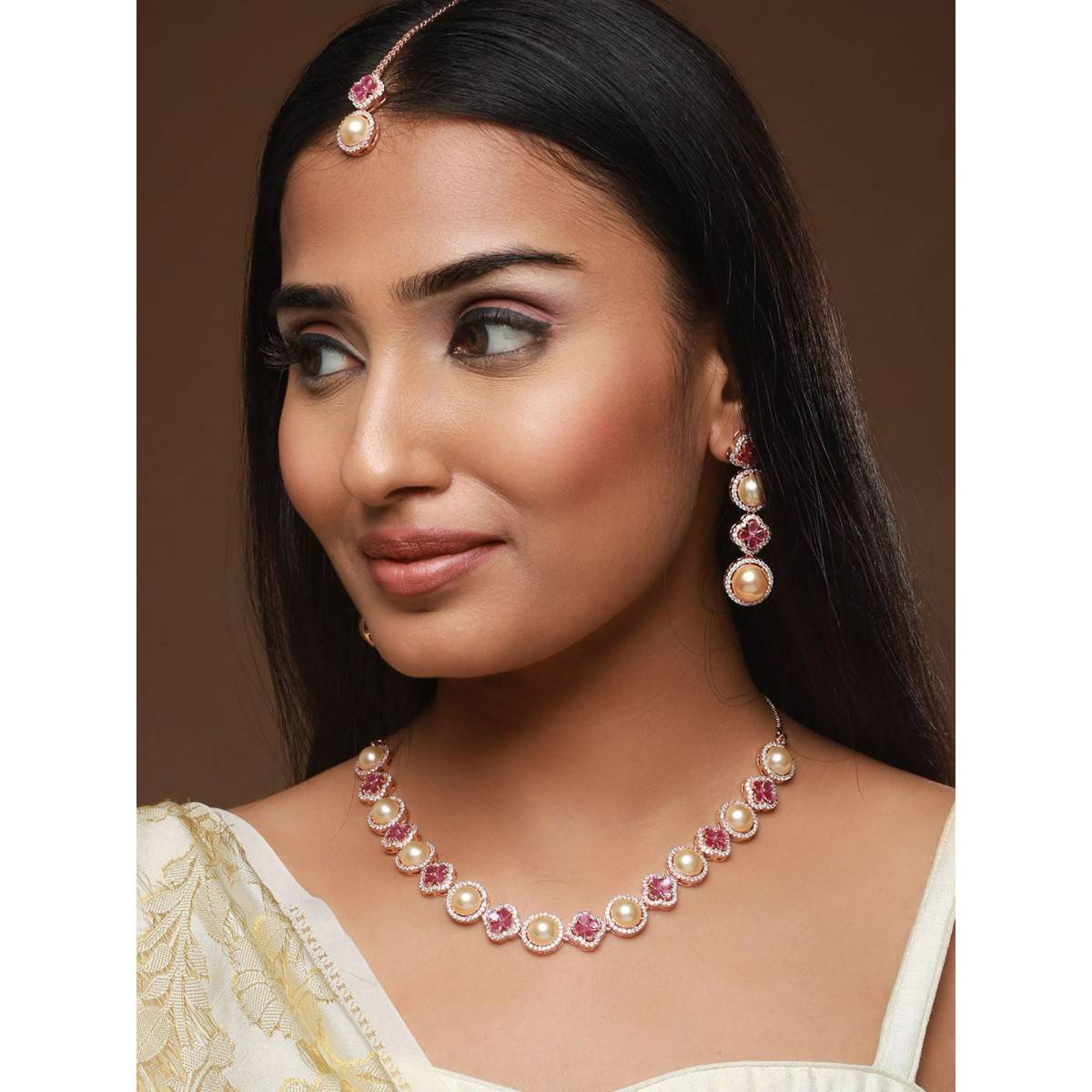Aatmana Rose Gold Plated Handcrafted Pink American Diamond & Pearl Studded Set Maang Tikka