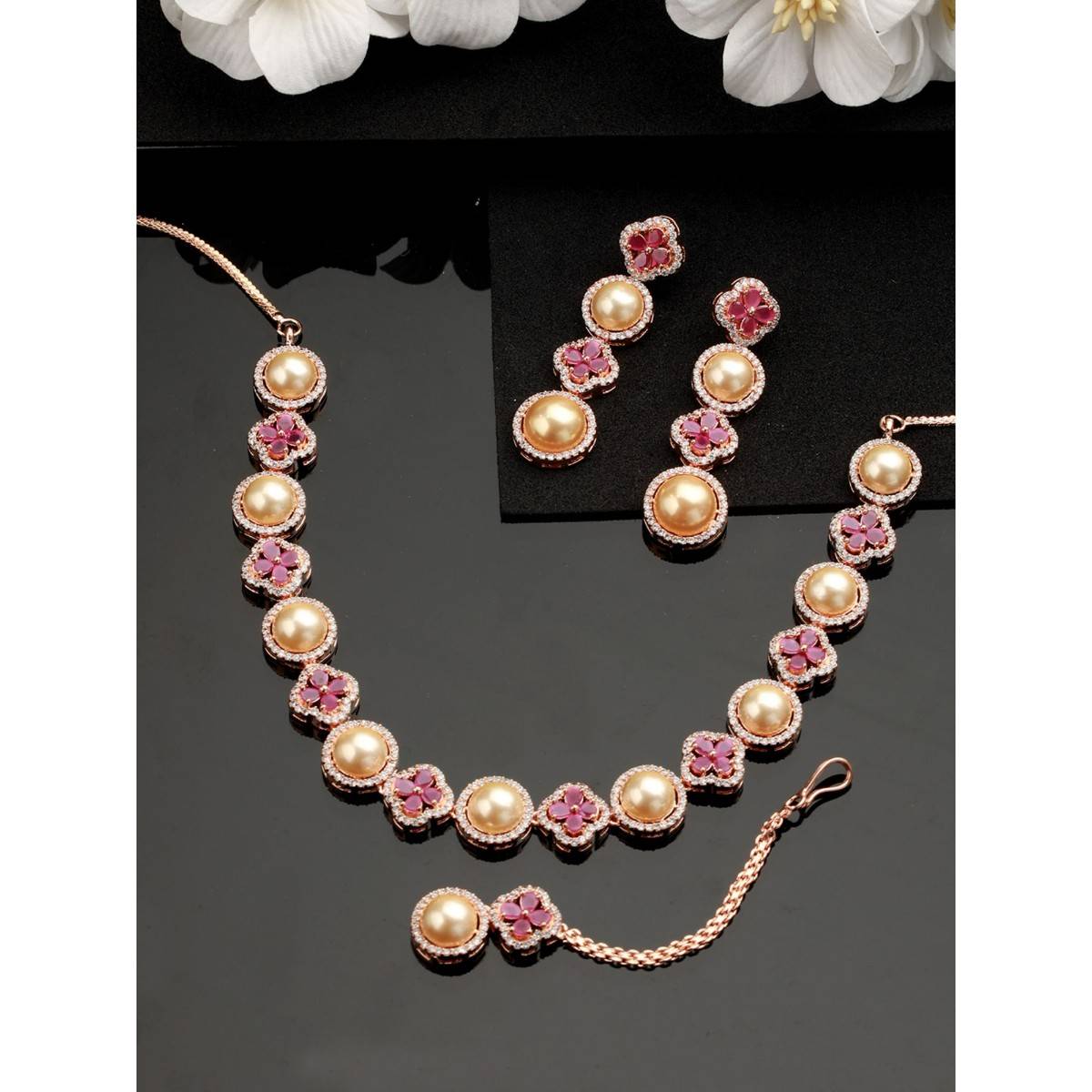 Aatmana Rose Gold Plated Handcrafted Pink American Diamond & Pearl Studded Set Maang Tikka