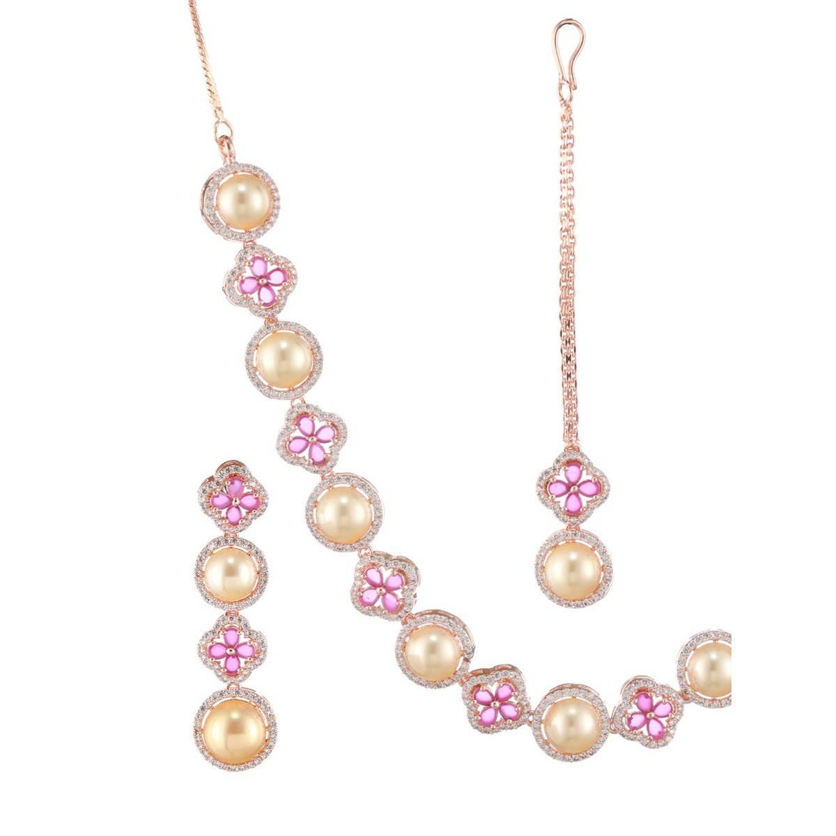 Aatmana Rose Gold Plated Handcrafted Pink American Diamond & Pearl Studded Set Maang Tikka