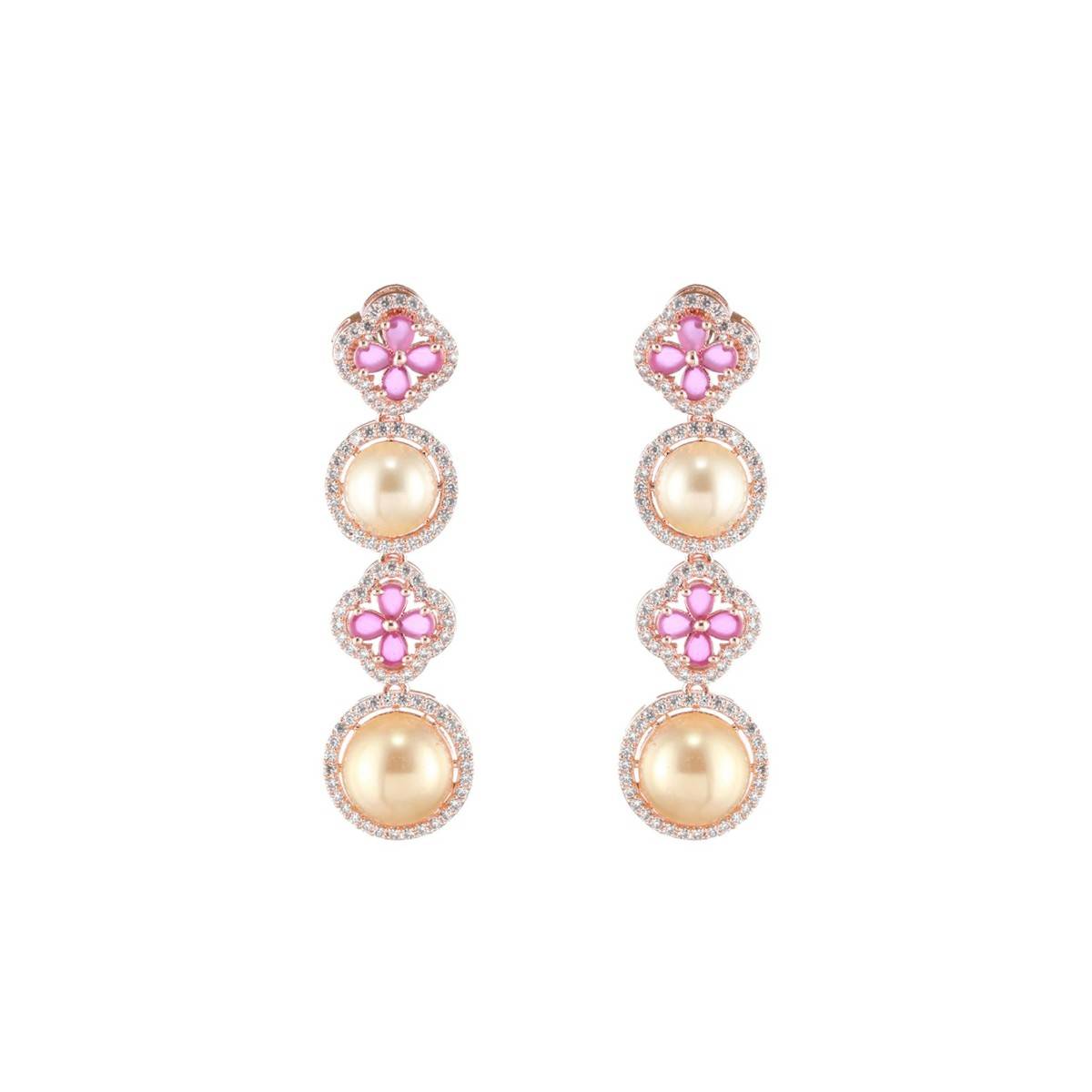 Aatmana Rose Gold Plated Handcrafted Pink American Diamond & Pearl Studded Set Maang Tikka