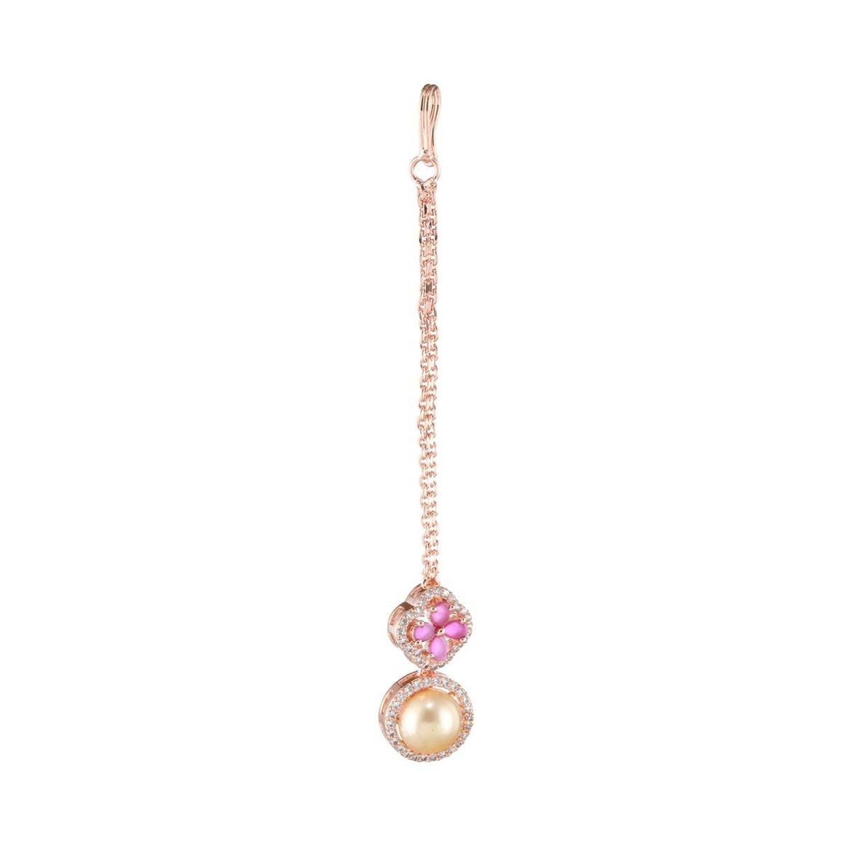 Aatmana Rose Gold Plated Handcrafted Pink American Diamond & Pearl Studded Set Maang Tikka