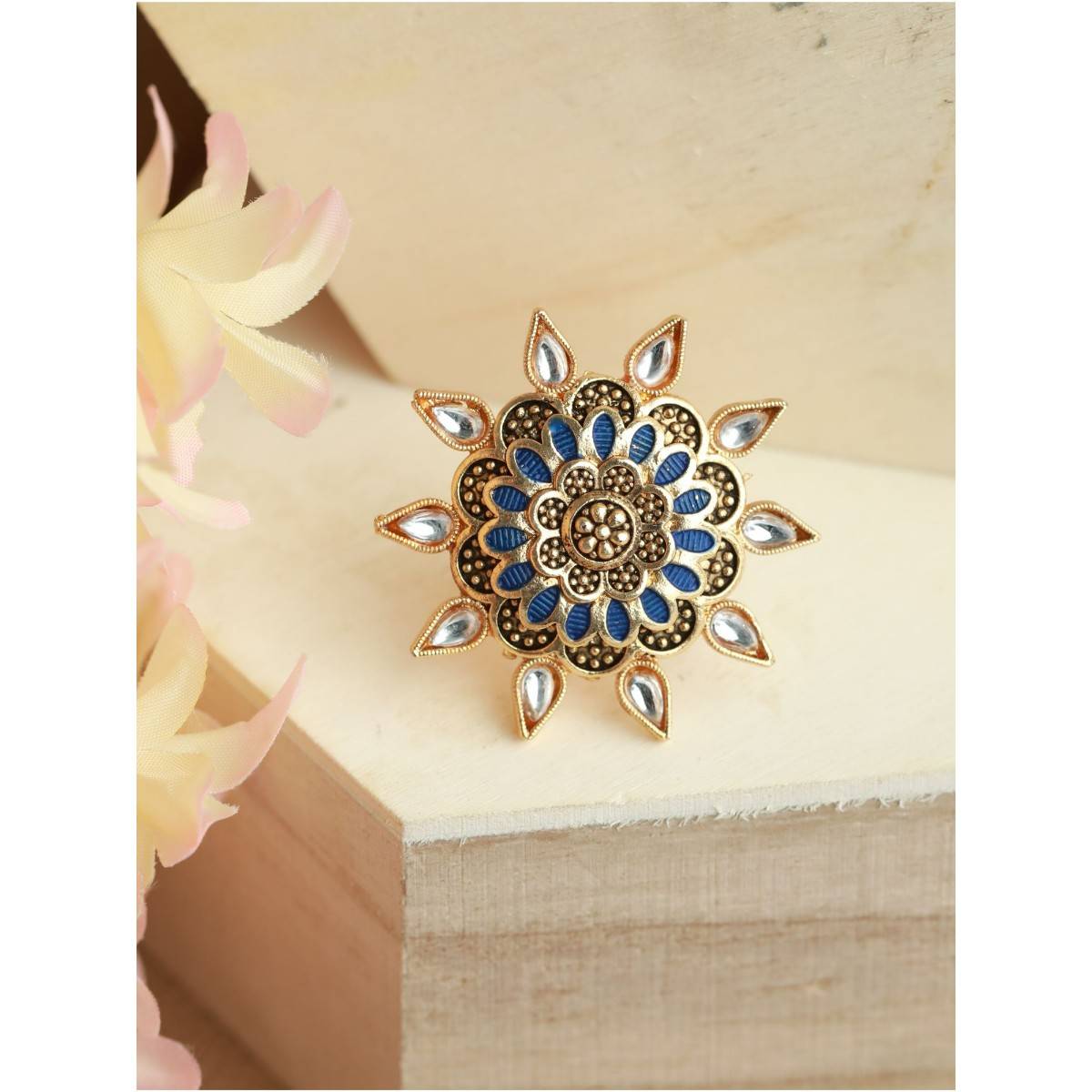 Aatmana Gold Plated Blue Enamelled White Stone Studded Handcrafted Adjustable Finger Ring · One Size