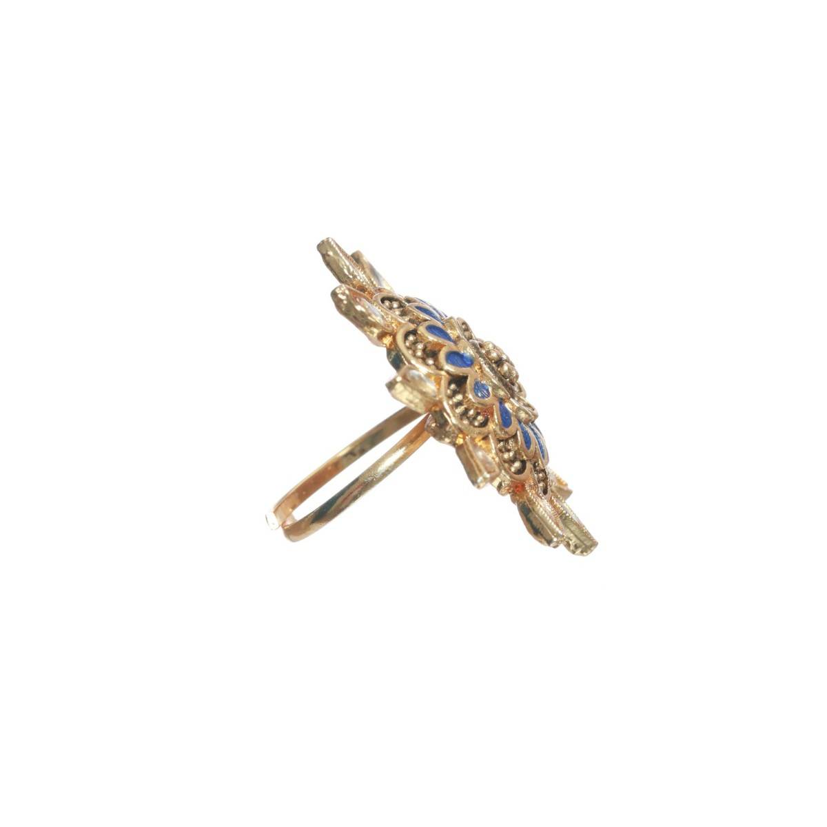 Aatmana Gold Plated Blue Enamelled White Stone Studded Handcrafted Adjustable Finger Ring
