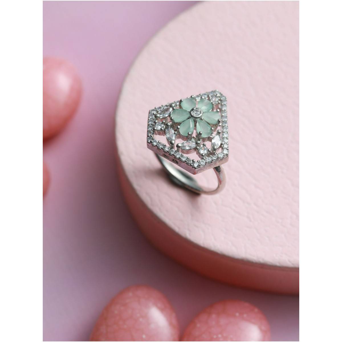 Aatmana Silver Plated Mint Green AD Studded Adjustable Finger Ring